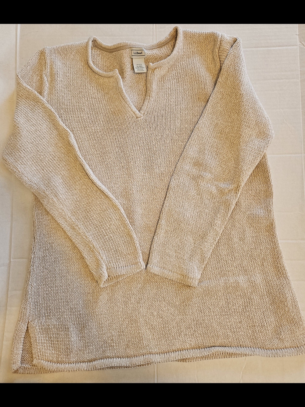 L.L. Bean 100% Cotton Oatmeal Shaker Knit Oversized Split Neck Tunic Sweater